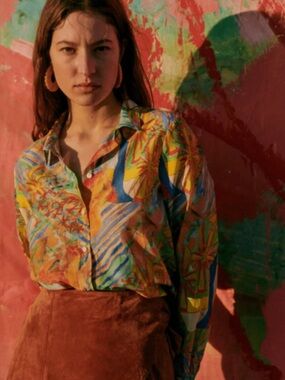 Sezane Pierro Shirt Geoffroy Pithon Abstract Print Long Sleeve Silk Blue Size 34